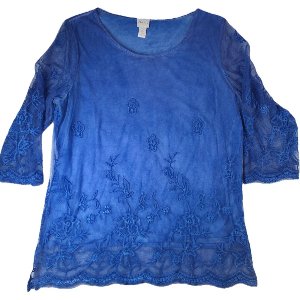 Chico's Mesh Embroidered Top Women Size 2 Blue 3/4 Sleeve Floral Blouse